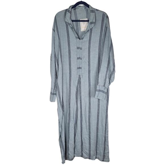 YUME 100% Linen Rare Navy Blue Stripe Dress Tunic Longsleeve Boho Lagenlook L - Picture 1 of 10